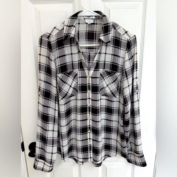 Express Black White Maroon Plaid Slim Portofino Shirt Women’s Size Small - Picture 1 of 5